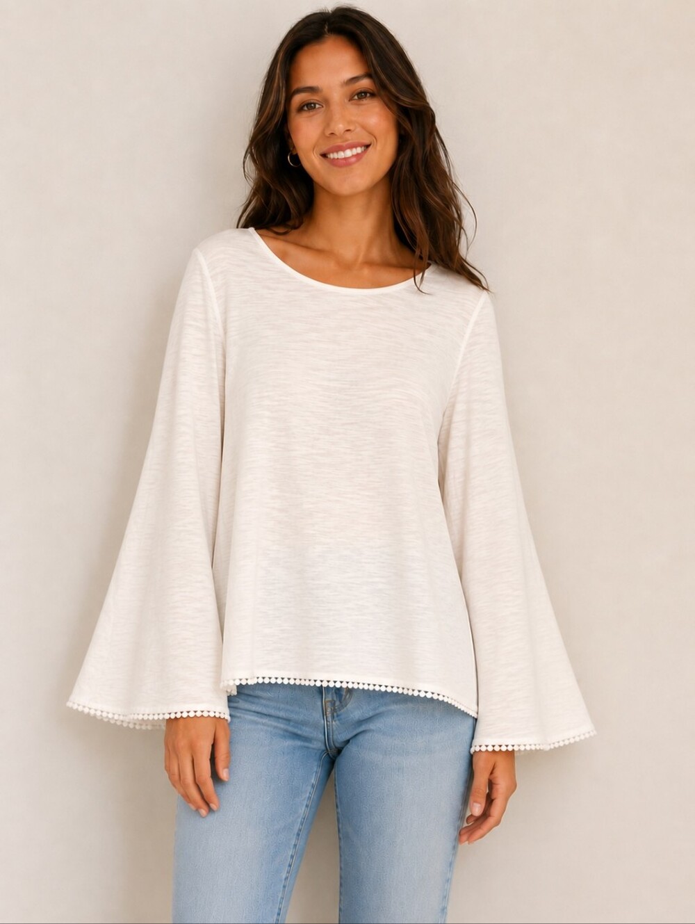 ❤️ HUDSON GRAY BELL SLEEVE COTTON TOP, WHITE, SMALL